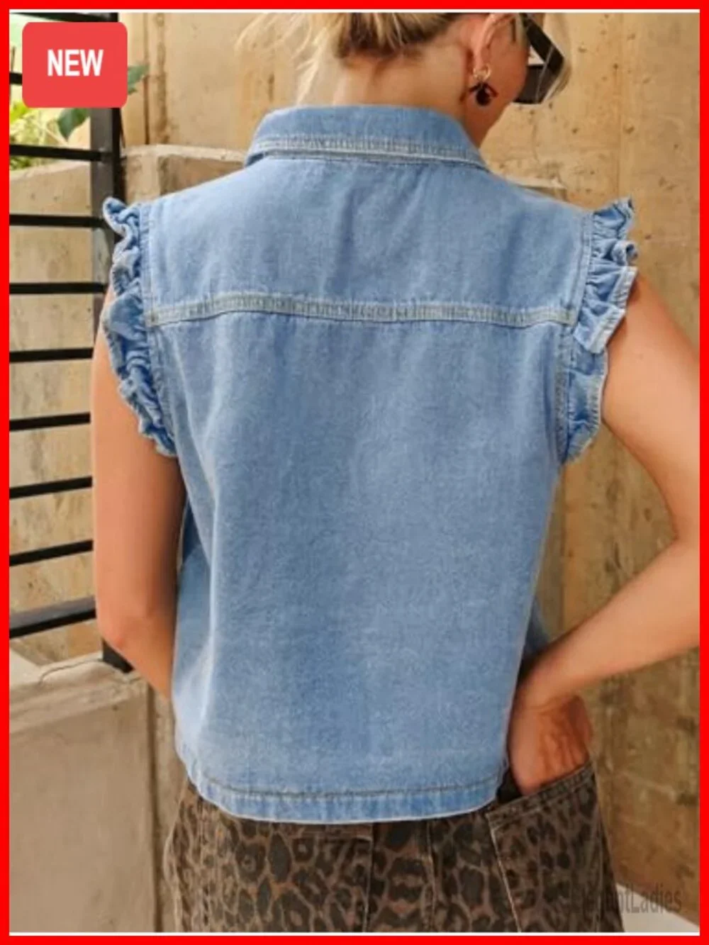 Women's Sleeveless Denim Vest Ruffle Cuffed Cropped Jacket Cotton Blend Country